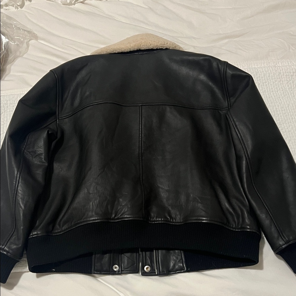 Quince Black 100% Leather Shearling Trim Aviator Jacket Bomber - Picture 6 of 12